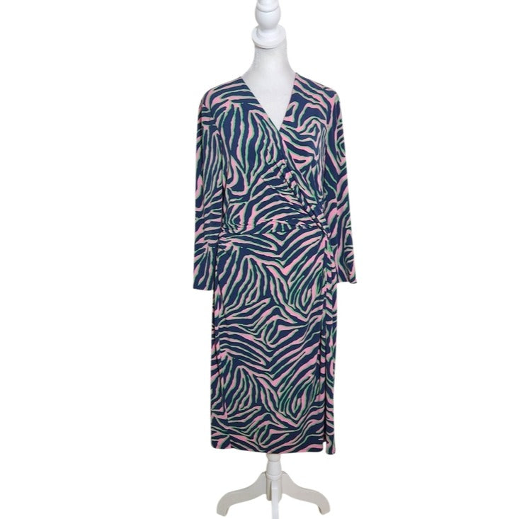 Anne Klein Navy and Pink Abstract Zebra Print Wrap Look Dress Size 12
