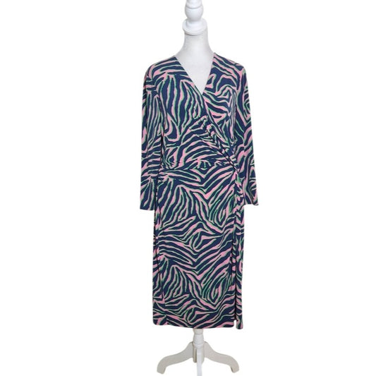Anne Klein Navy and Pink Abstract Zebra Print Wrap Look Dress Size 12