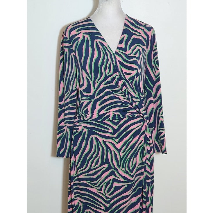 Anne Klein Navy and Pink Abstract Zebra Print Wrap Look Dress Size 12