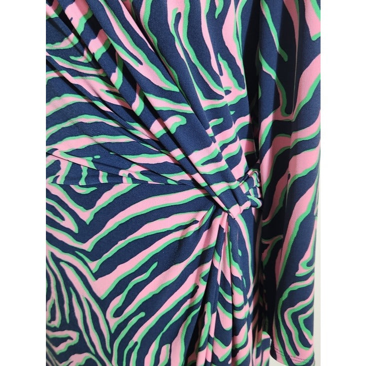 Anne Klein Navy and Pink Abstract Zebra Print Wrap Look Dress Size 12