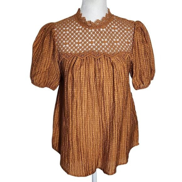 Mine Brown Puffy Sleeve Blouse with Crochet Detail NWOT Size Medium