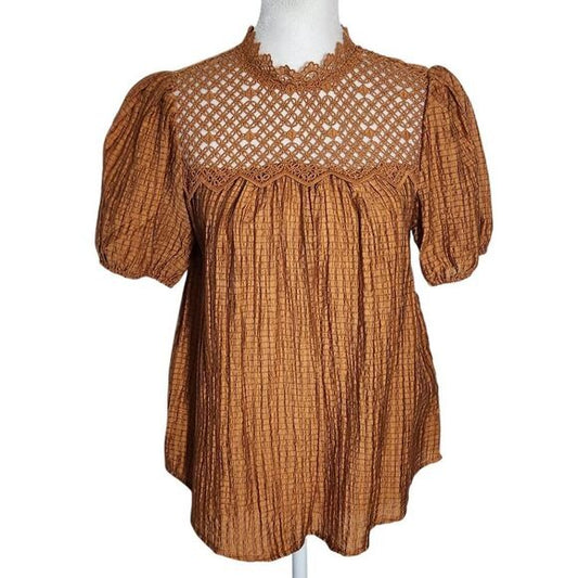 Mine Brown Puffy Sleeve Blouse with Crochet Detail NWOT Size Medium