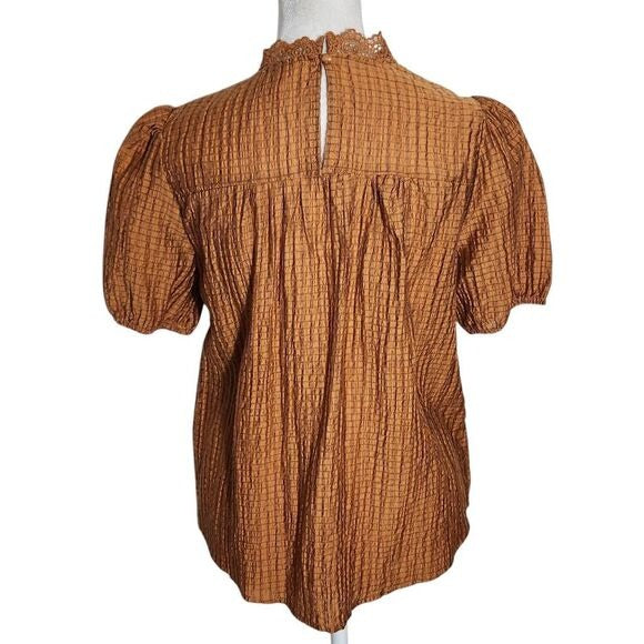 Mine Brown Puffy Sleeve Blouse with Crochet Detail NWOT Size Medium
