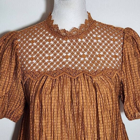 Mine Brown Puffy Sleeve Blouse with Crochet Detail NWOT Size Medium