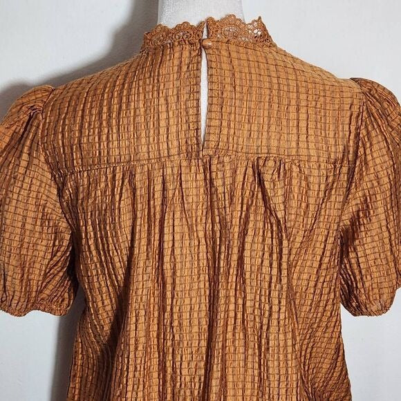 Mine Brown Puffy Sleeve Blouse with Crochet Detail NWOT Size Medium