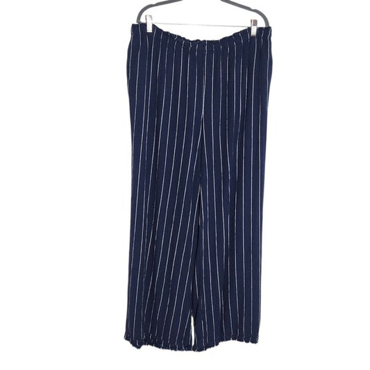 Cato Navy Blue and White Striped Pull-on Wide Leg Pants Linen Blend Size 14/16