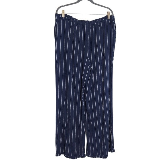 Cato Navy Blue and White Striped Pull-on Wide Leg Pants Linen Blend Size 14/16
