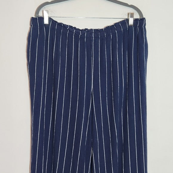 Cato Navy Blue and White Striped Pull-on Wide Leg Pants Linen Blend Size 14/16