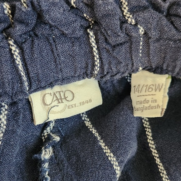 Cato Navy Blue and White Striped Pull-on Wide Leg Pants Linen Blend Size 14/16