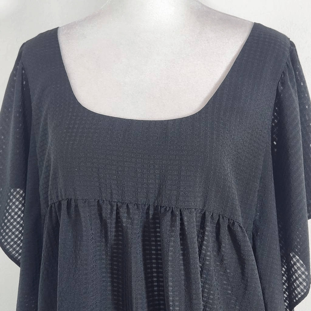 Who What Wear Black Gingham Semi-Sheer Blouse with Flowy Sleeves Size Medium