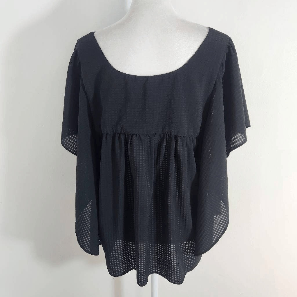 Who What Wear Black Gingham Semi-Sheer Blouse with Flowy Sleeves Size Medium