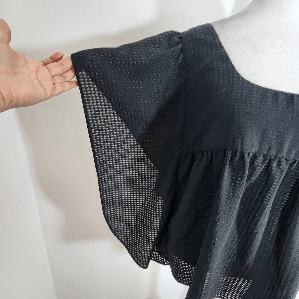 Who What Wear Black Gingham Semi-Sheer Blouse with Flowy Sleeves Size Medium