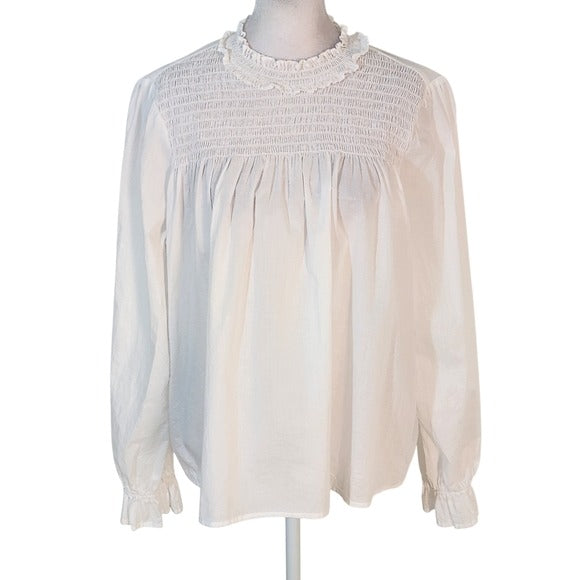 GAP White Cotton Blouse with Smocked Neckline Size Large