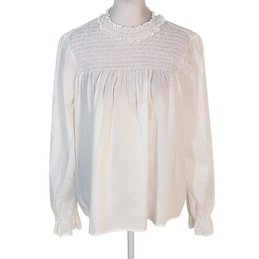 GAP White Cotton Blouse with Smocked Neckline Size Large