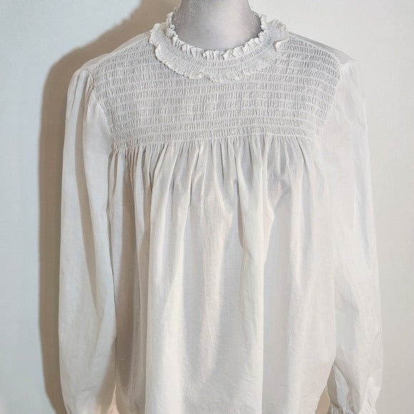 GAP White Cotton Blouse with Smocked Neckline Size Large