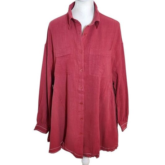 Umgee Cranberry Oversized Button-up Tunic with Embroidered Detail Sz Medium NWT