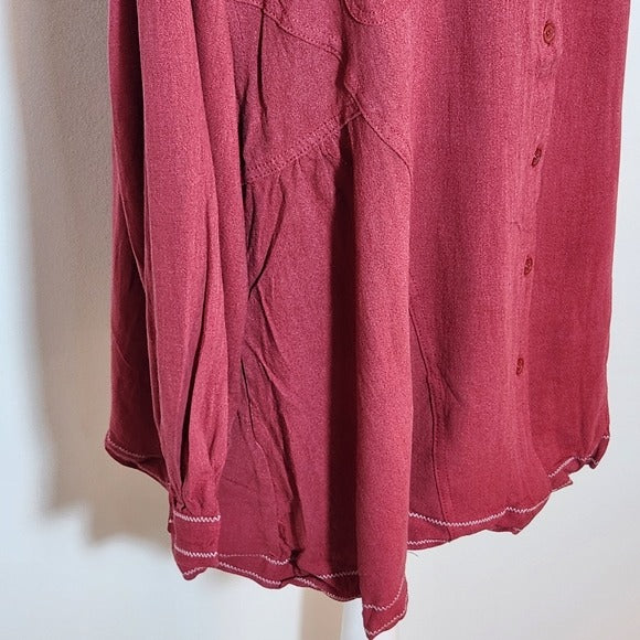 Umgee Cranberry Oversized Button-up Tunic with Embroidered Detail Sz Medium NWT