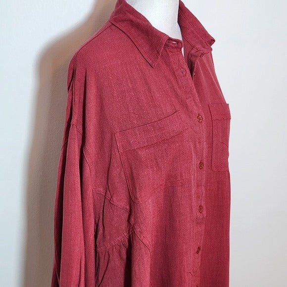 Umgee Cranberry Oversized Button-up Tunic with Embroidered Detail Sz Medium NWT