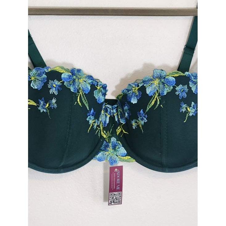 Adore Me Green Padded Underwire Bra with Blue Floral Accent Size 42C NWT
