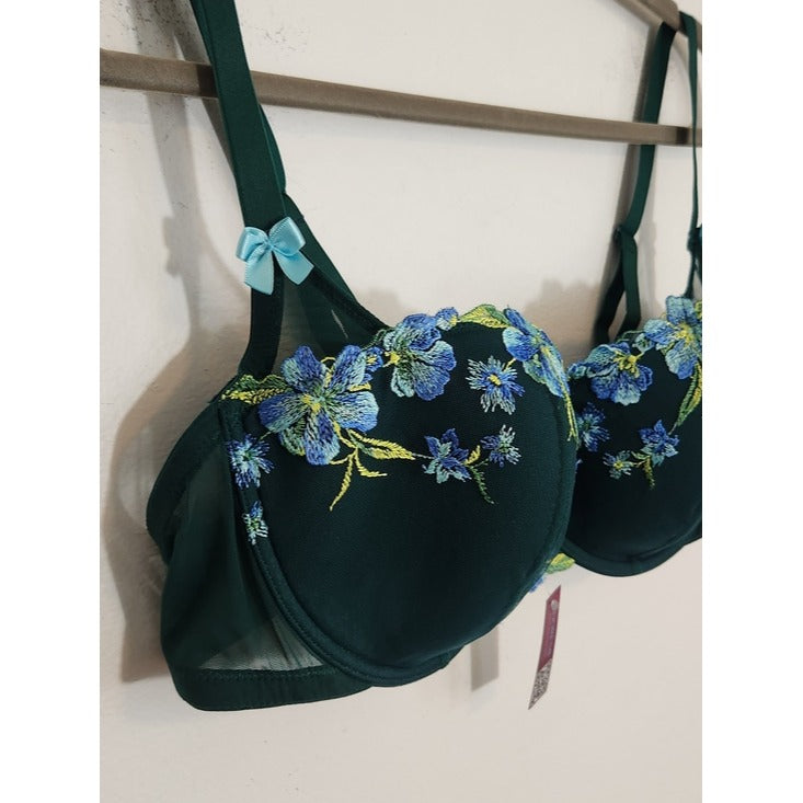 Adore Me Green Padded Underwire Bra with Blue Floral Accent Size 42C NWT