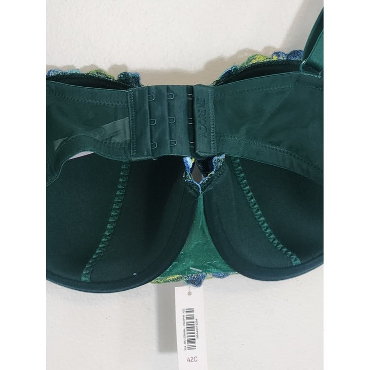 Adore Me Green Padded Underwire Bra with Blue Floral Accent Size 42C NWT