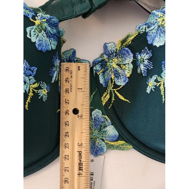 Adore Me Green Padded Underwire Bra with Blue Floral Accent Size 42C NWT