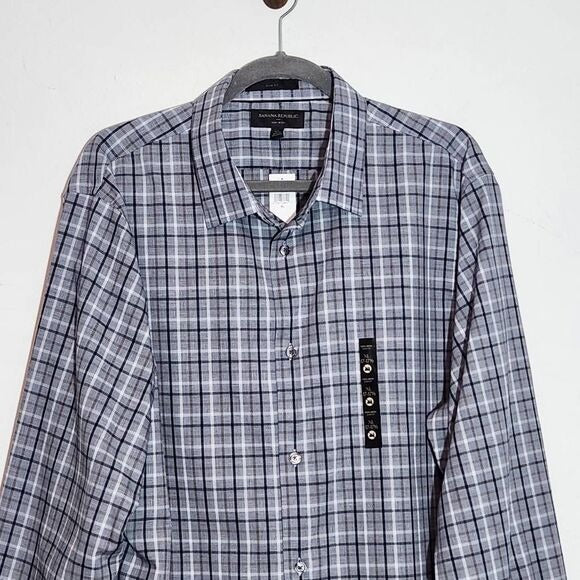 Banana Republic Gray Plaid Button Down Shirt Size XL Preppy Plaid Shirt New