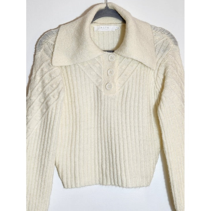 ASTR Cream Fuzzy Polo Knit Cropped Sweater Size Small