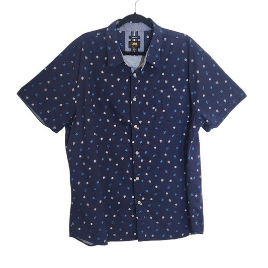 Lee Navy Shell Print Short Sleeve Button Down Shirt Size XXL