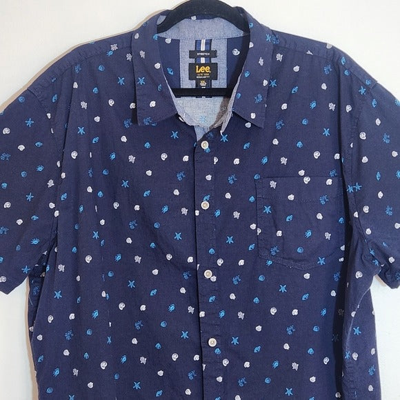 Lee Navy Shell Print Short Sleeve Button Down Shirt Size XXL