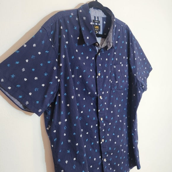 Lee Navy Shell Print Short Sleeve Button Down Shirt Size XXL