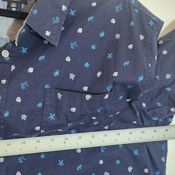 Lee Navy Shell Print Short Sleeve Button Down Shirt Size XXL