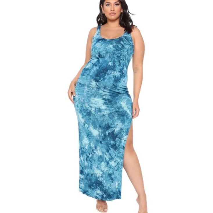 Fashion Nova Blue Tie Dye "Don't Let Her Go" Maxi Bodycon Dress Size 3X NWT