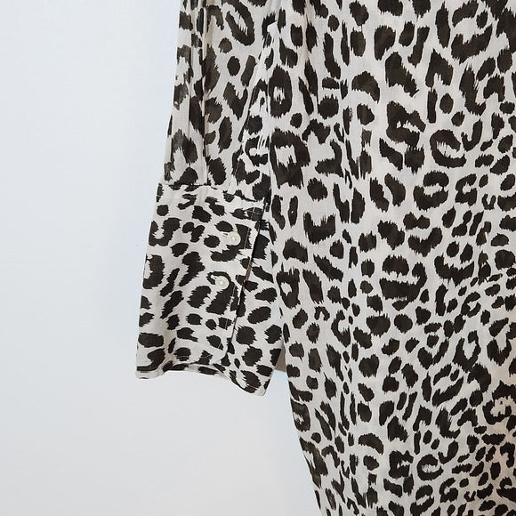 J. Crew Brown and White Leopard Print Button-Up Tunic Shirt Size Medium