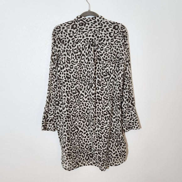 J. Crew Brown and White Leopard Print Button-Up Tunic Shirt Size Medium