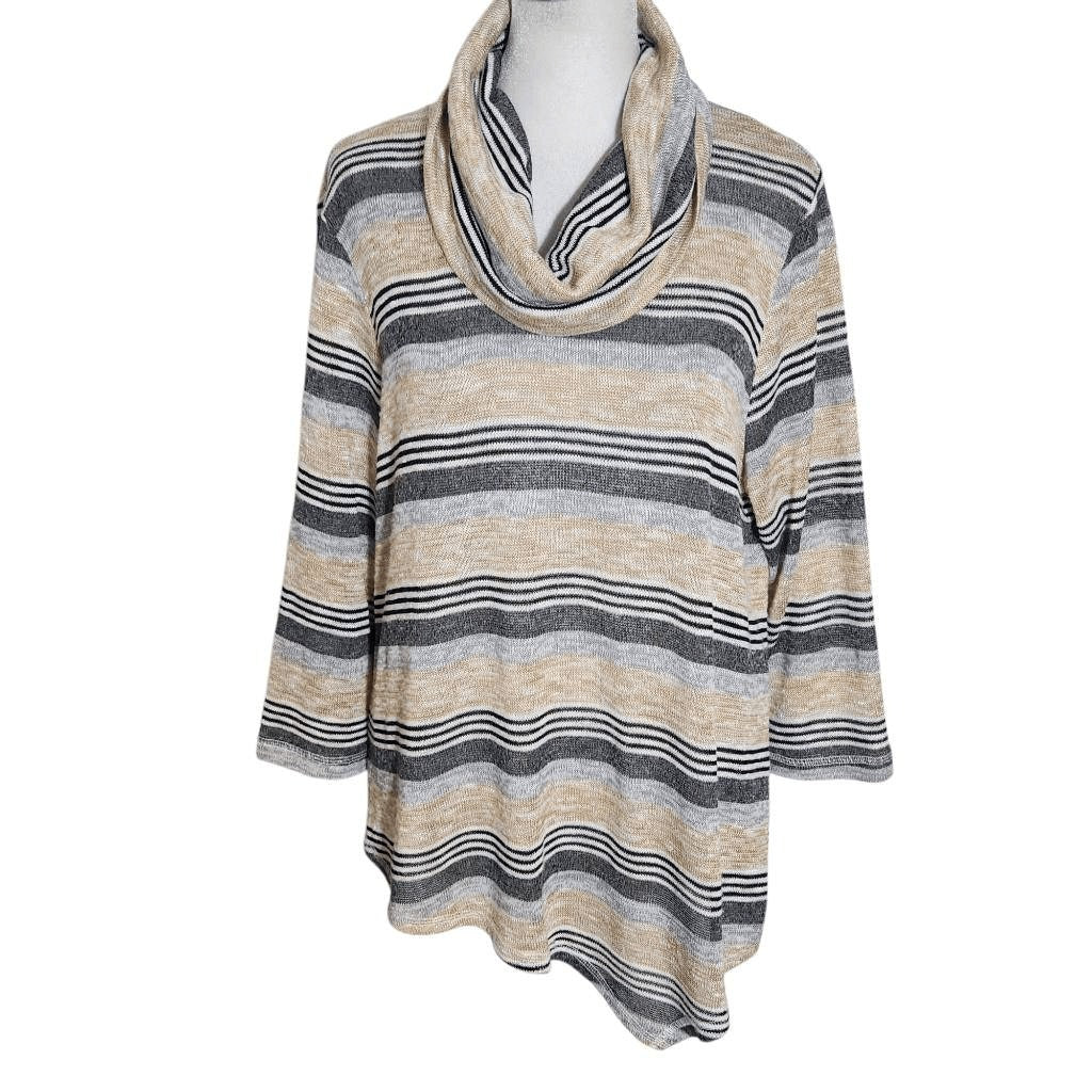 Ruby Rd. Tan and Gray Stripe Cowl Neck Asymmetrical Top Size Petite Large