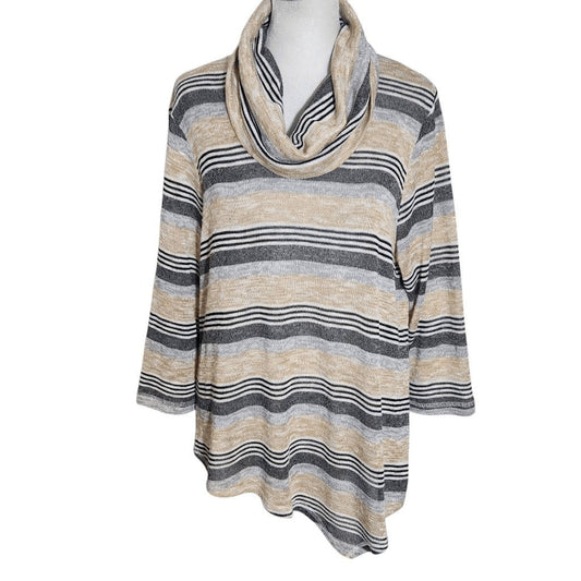 Ruby Rd. Tan and Gray Stripe Cowl Neck Asymmetrical Top Size Petite Large