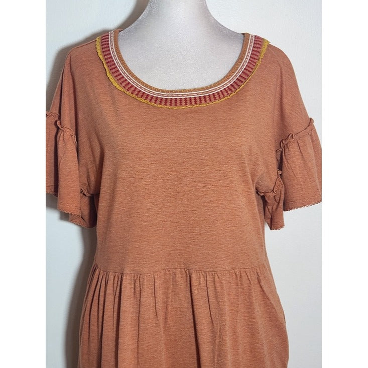 Matilda Jane Rust Orange Tiered Mini Dress Boho Pockets Short Sleeve Size Small