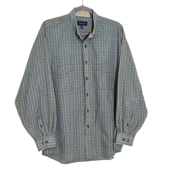 Van Heusen Green Plaid Button Down Shirt Size Large Wrinkle-Free Button Down