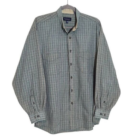 Van Heusen Green Plaid Button Down Shirt Size Large Wrinkle-Free Button Down
