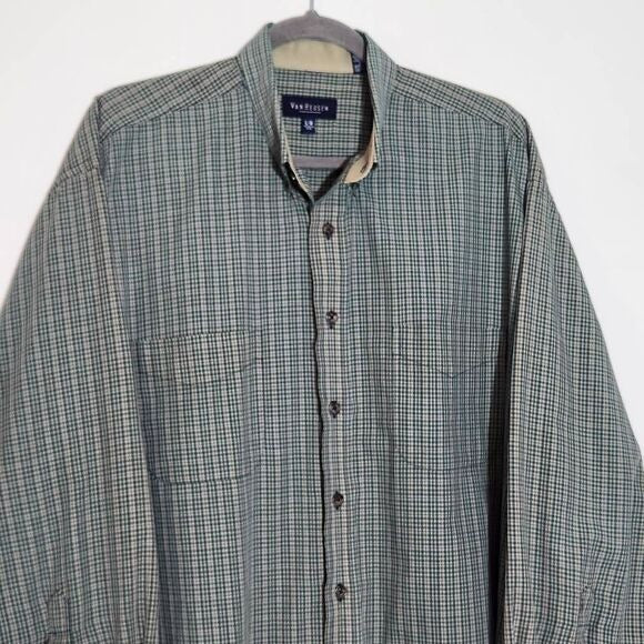 Van Heusen Green Plaid Button Down Shirt Size Large Wrinkle-Free Button Down