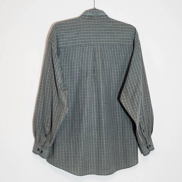 Van Heusen Green Plaid Button Down Shirt Size Large Wrinkle-Free Button Down