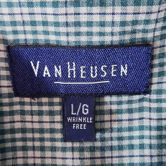 Van Heusen Green Plaid Button Down Shirt Size Large Wrinkle-Free Button Down