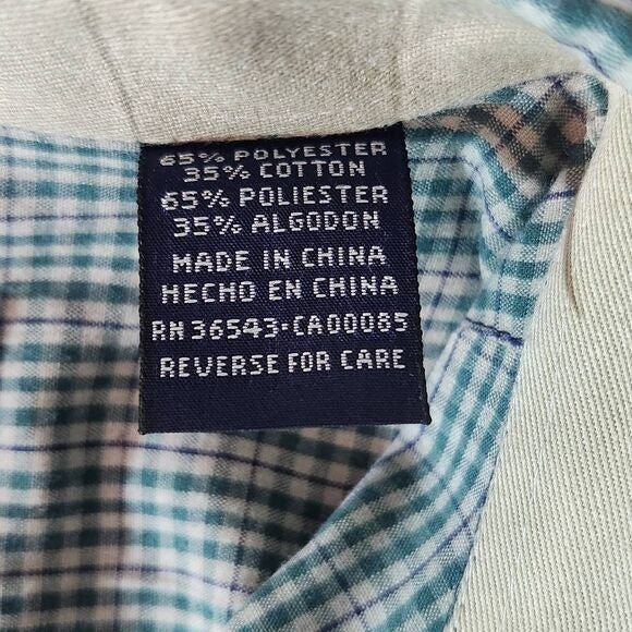 Van Heusen Green Plaid Button Down Shirt Size Large Wrinkle-Free Button Down