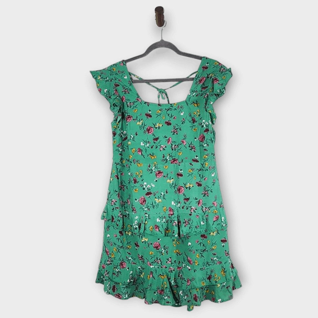 Lottie & Holly Green Floral Boho Tiered Ruffle Mini Dress NWT Size Medium