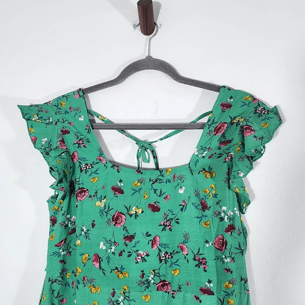Lottie & Holly Green Floral Boho Tiered Ruffle Mini Dress NWT Size Medium