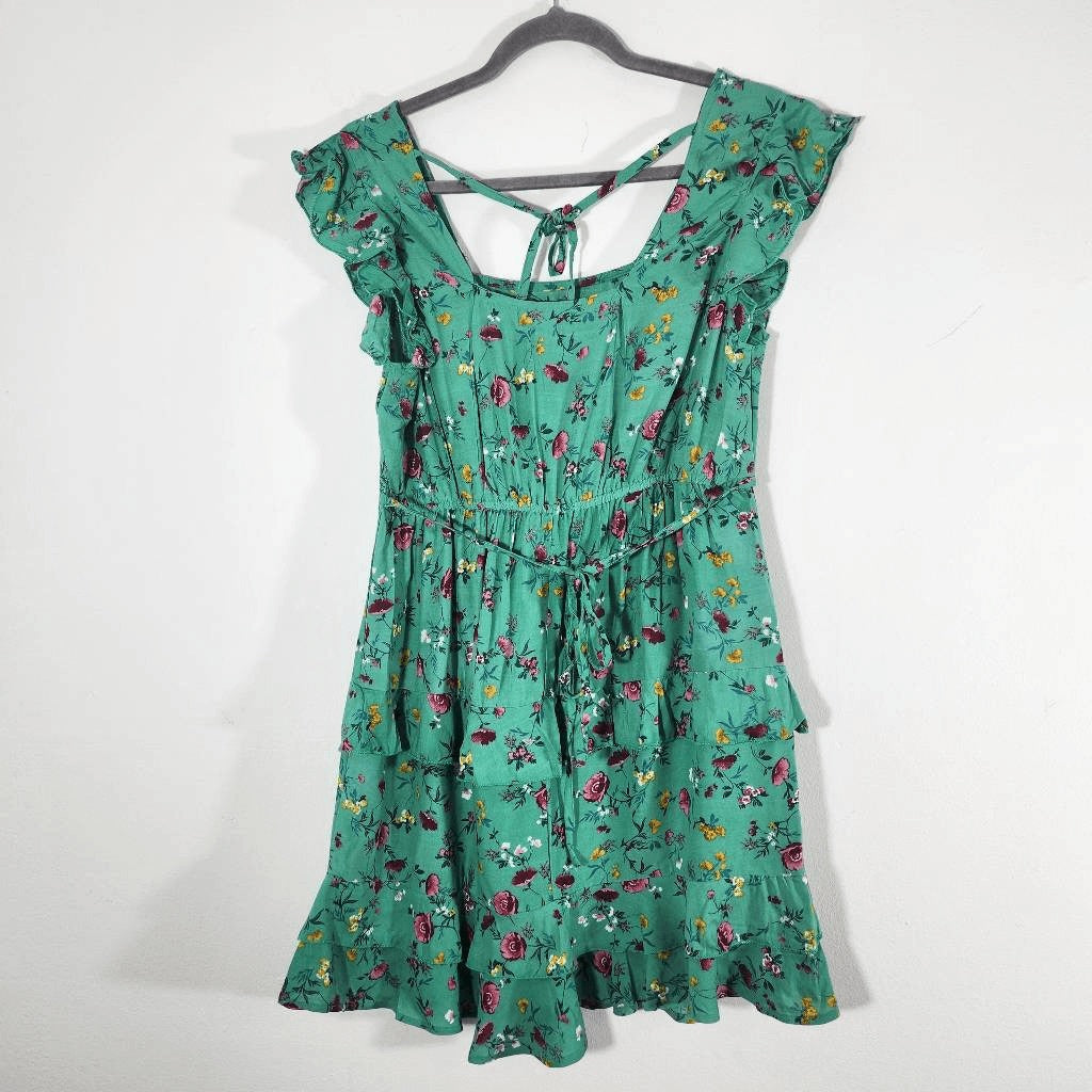 Lottie & Holly Green Floral Boho Tiered Ruffle Mini Dress NWT Size Medium