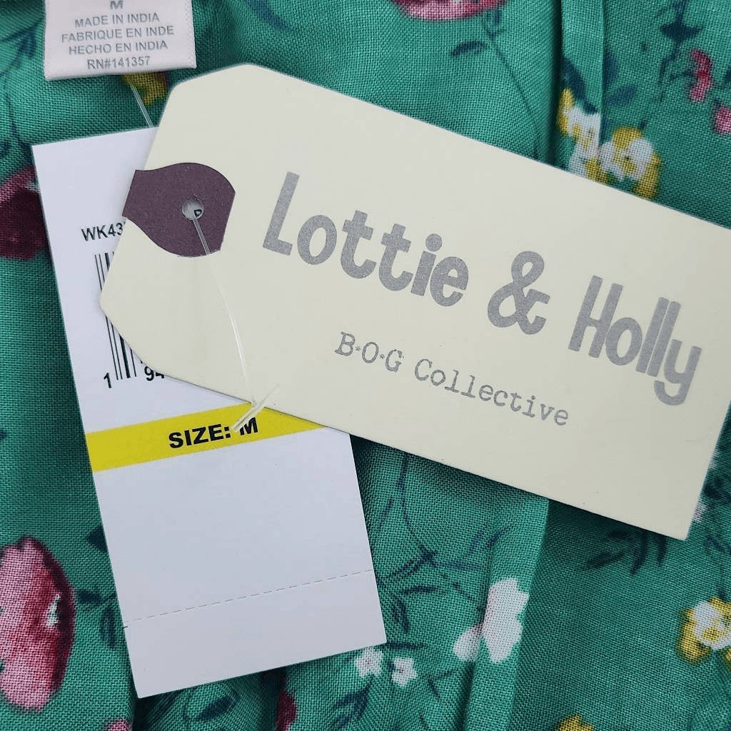Lottie & Holly Green Floral Boho Tiered Ruffle Mini Dress NWT Size Medium