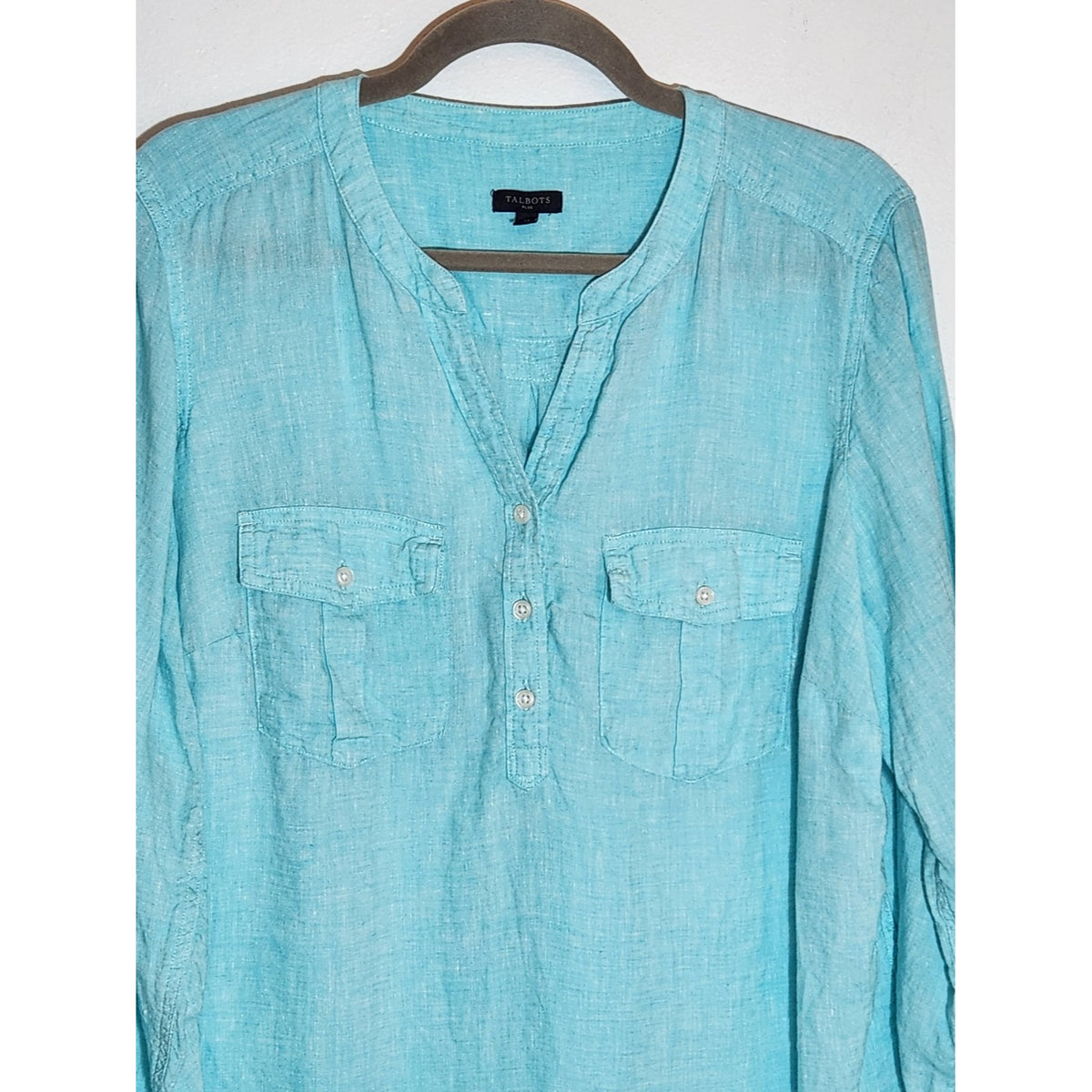 Talbots Half Button-up Aqua Blue Linen Blouse Size 1X