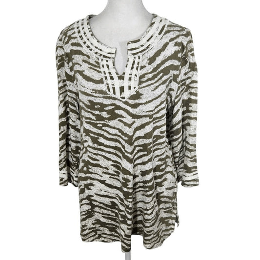 Talbots Green Animal Print Top with Ribbon Detail Size Large Petite